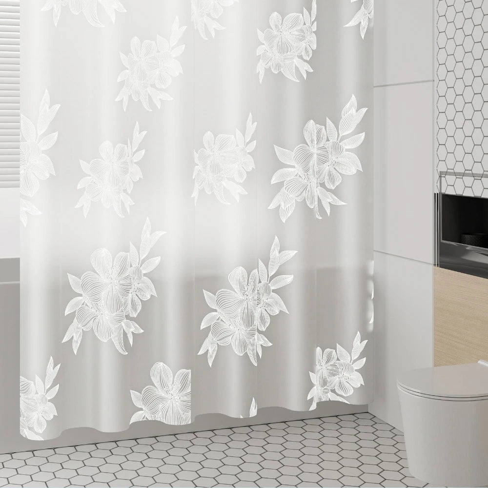 rideau douche blanc floral transparent moderne anneaux suspension 180cm