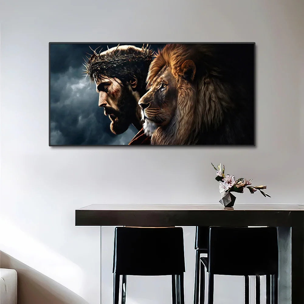 tableau sans cadre impression toile abstraite dieu jésus christ lion noir gris beige marron