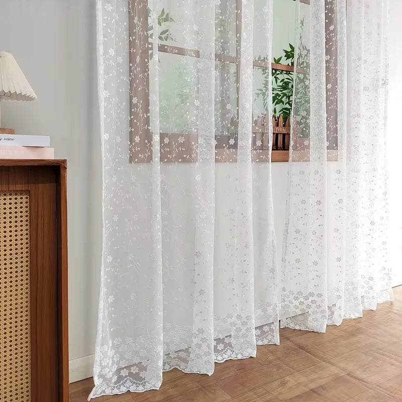 rideau transparent dentelle brodée fleurs pastoral blanc maison salon chambre patioextérieur