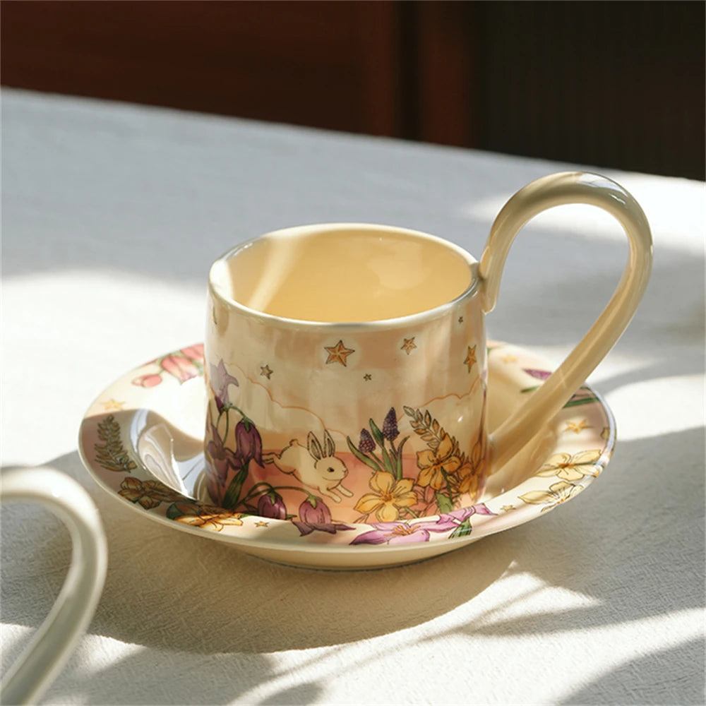Une tasse de porcelaine vintage au motif floral whimsique, accompagnée de sa soucoupe assortie, évoquant une atmosphère chaleureuse et rêveuse.