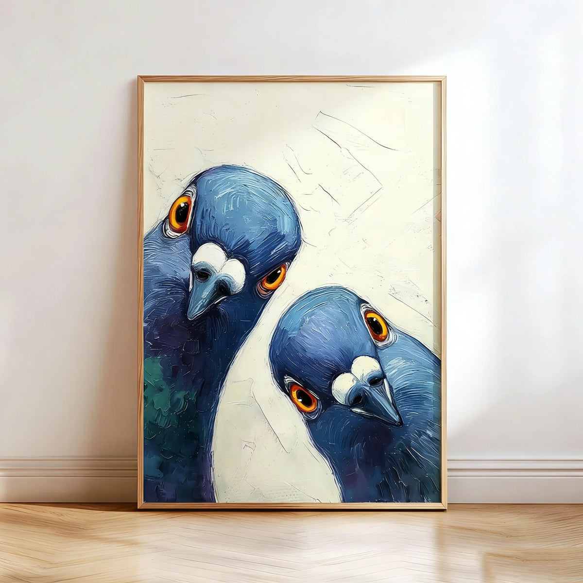 affiche oiseaux rétro peinture toile oiseaux bleu blanc vert contemporain cadre bois