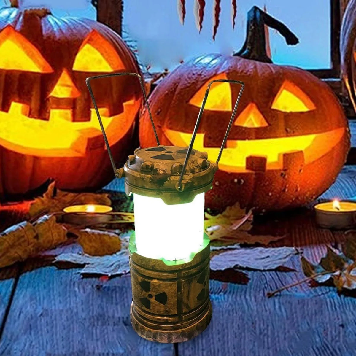 veilleuse deco radioactive bidon vert motif danger science fiction halloween citrouille chauve souris tombes