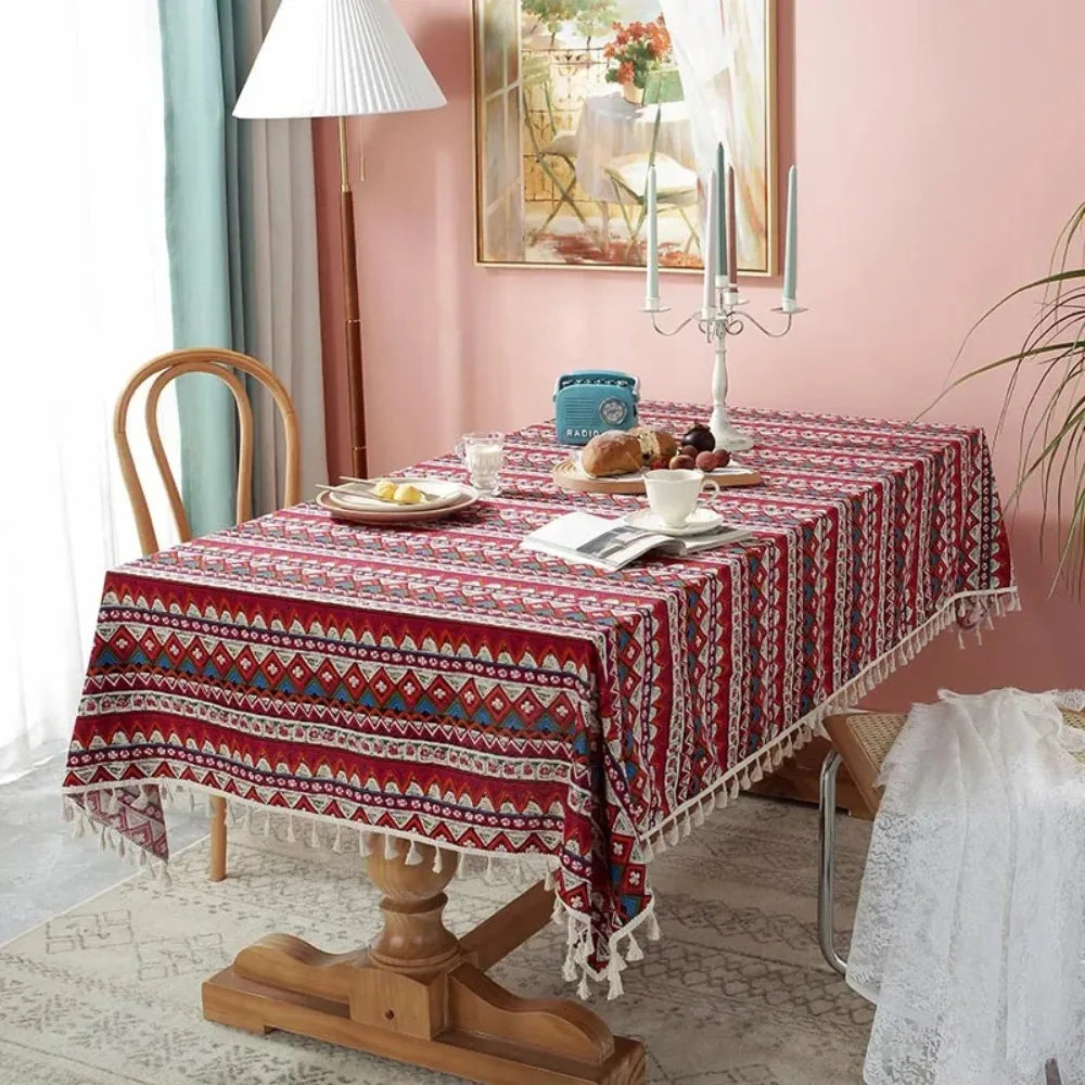 nappe table rectangulaire ethnique imperméable réutilisable coton polyester motifs géométriques tassels