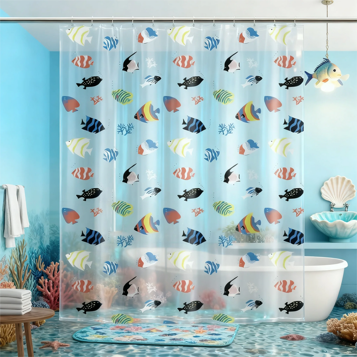 rideau douche poissons tropicaux motifs coraux transparent océan bleu rouge tropical marine echangement facile