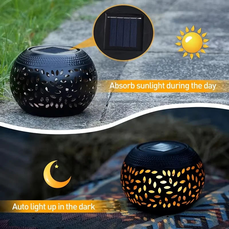 lampe solaire moderne perforations dorées jardin patio extérieur noir éclairage paysager
