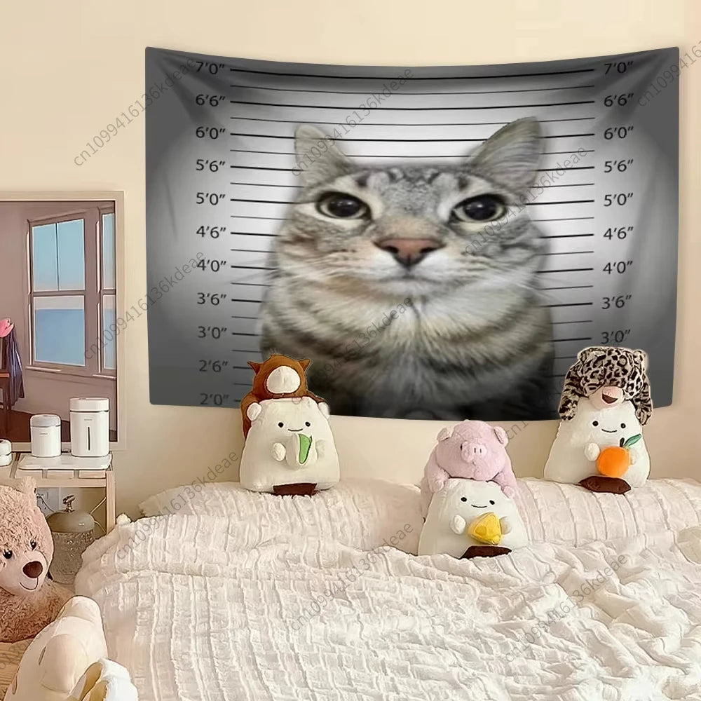Détail du motif de chat kawaii sur tapisserie murale en polyestère