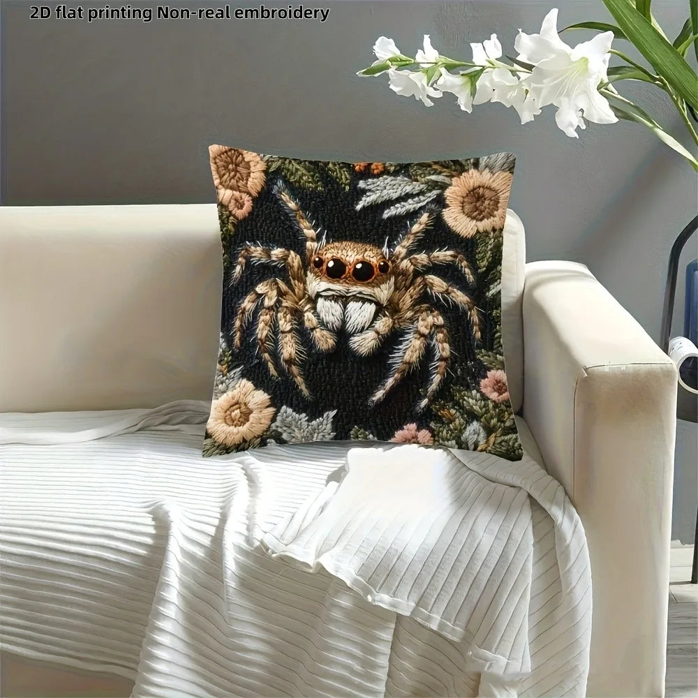 housse coussin araignée fleurs moderne polyester noir beige blanc 45x45cm