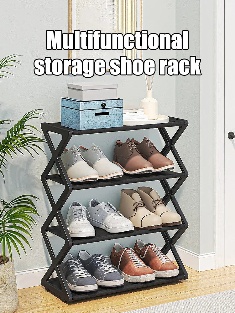 étagère chaussures noire moderne niveaux structure géométrique rangement facile salon porche