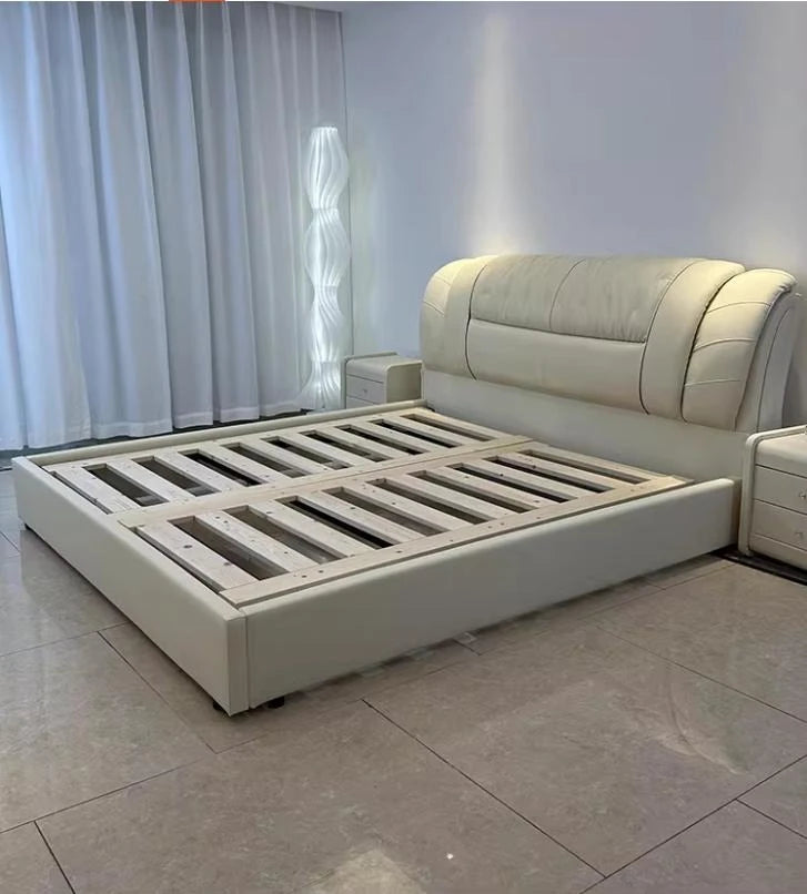lit blanc simili cuir moderne tête lit rangement table chevet tiroirs chambre bois
