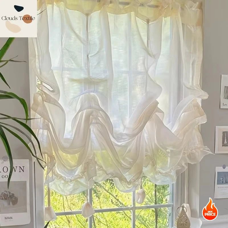 rideau polyester semi transparent beige clair doux ondulé fronces classique romantique maison