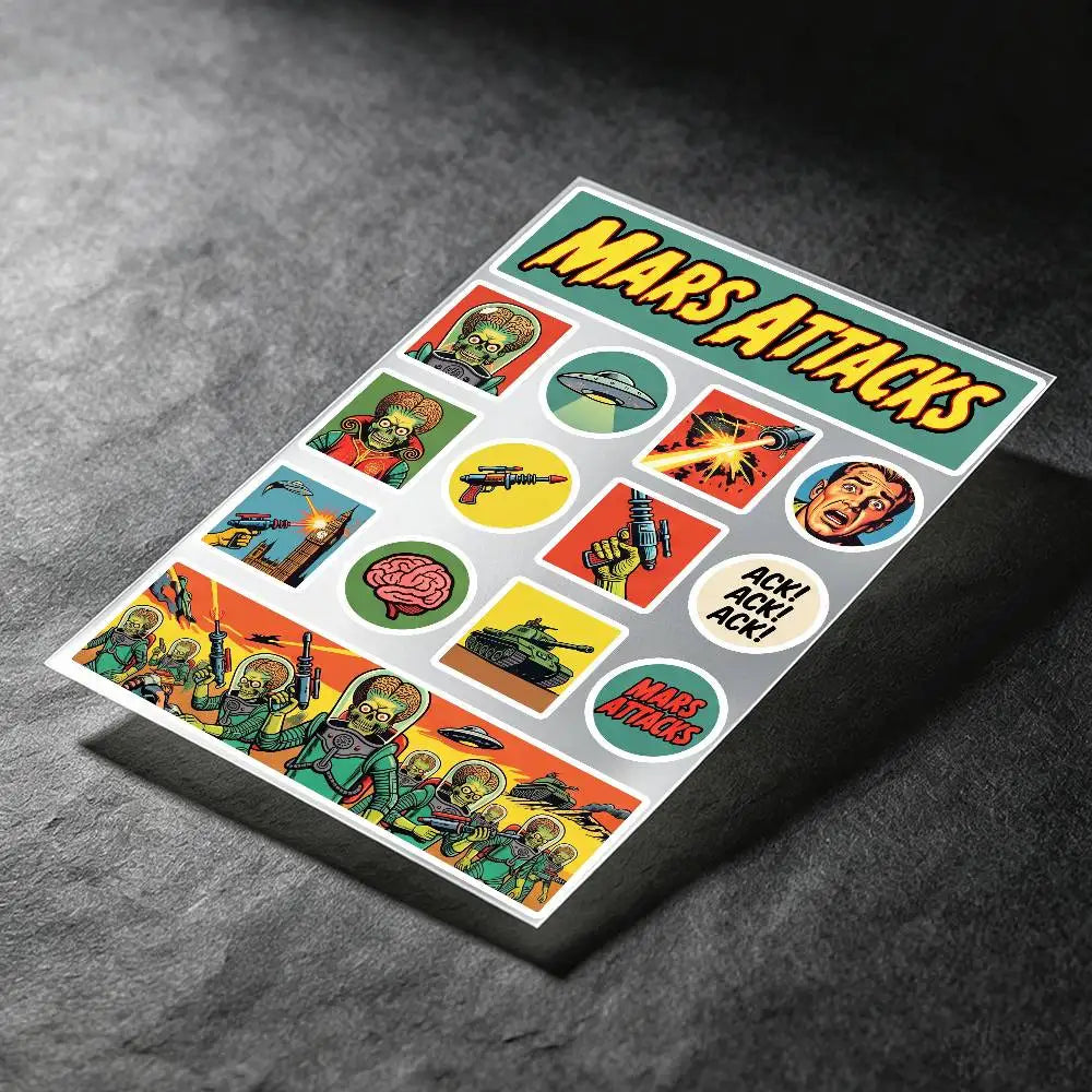 stickers adhésifs rétro mars attacks extraterrestres soucoupes volantes buildings armes 20x30cm 30x40cm