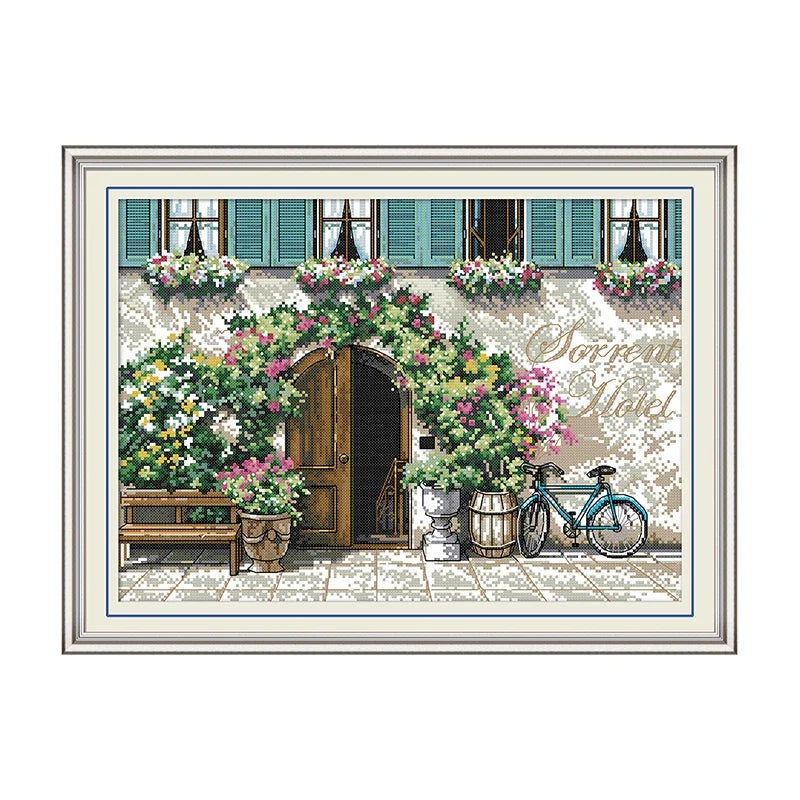 toile brodée paysage moderne porte fenêtres fleuries kit broderie fil coton aiguille tissu decoration