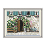 toile brodée paysage moderne porte fenêtres fleuries kit broderie fil coton aiguille tissu decoration