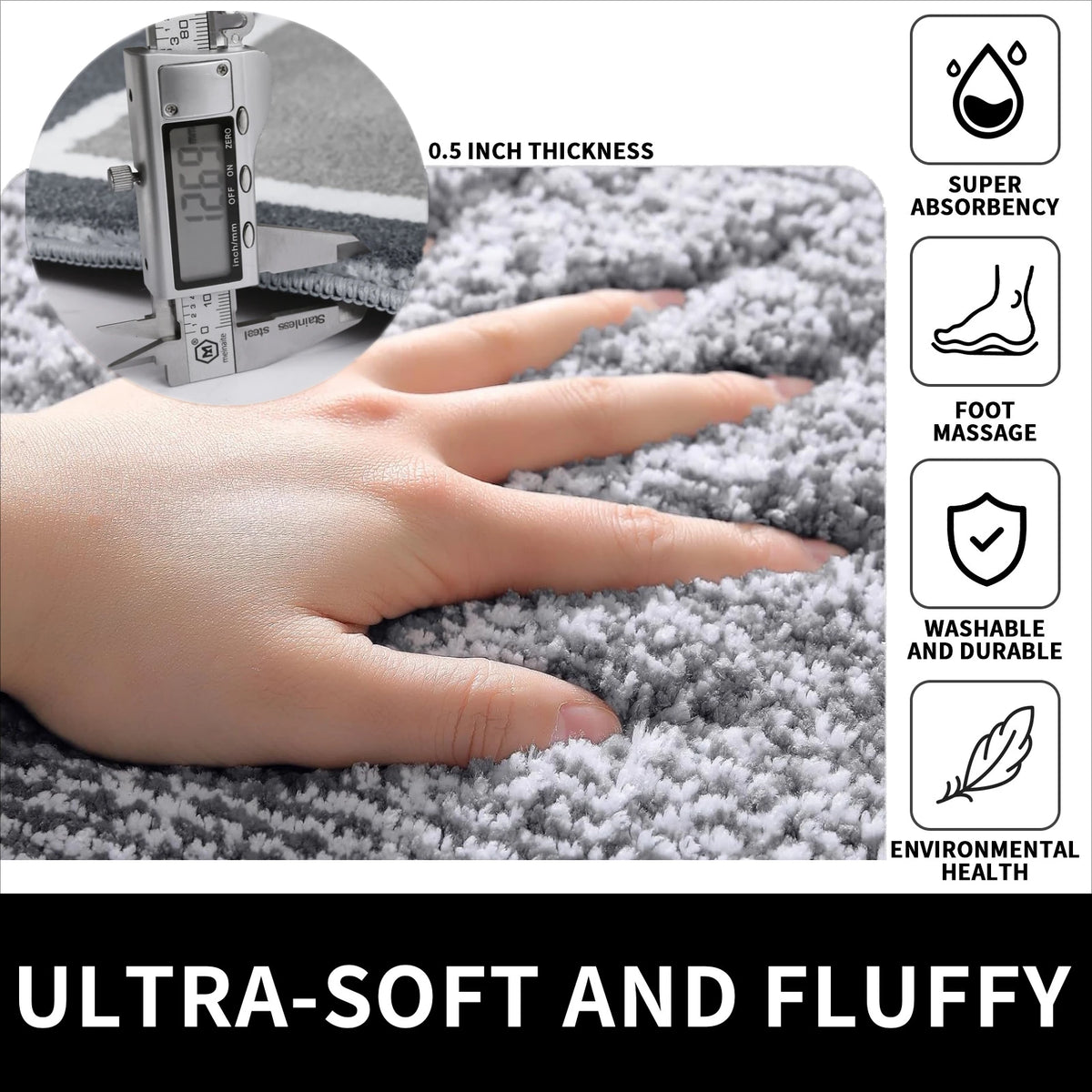 tapis bain doux microfibre gris blanc moderne antidérapant respectueux environnementversible adhésif
