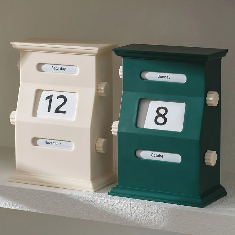 calendrier moderne rétro vert foncé beige clair mat opaque mois jours dates