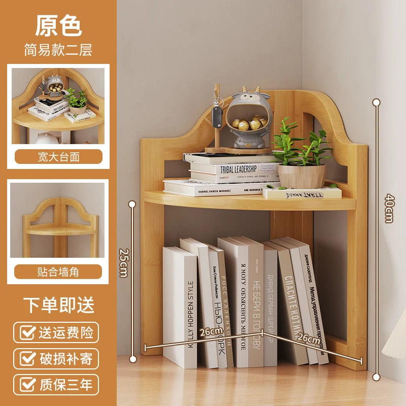 étagère angle moderne trois niveaux chêne clair lisse rangement livres lampe horloge plante