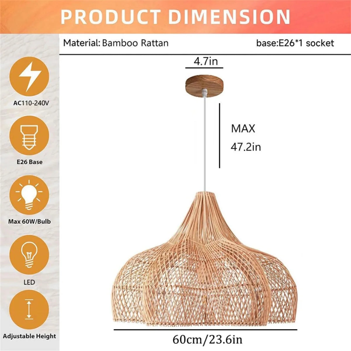 lampe suspendue tressée moderne rustique 60cm 80cm eyelets natural bois