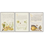 Cette œuvre d'art représente trois illustrations botaniques détaillées, comprenant des fruits, des fleurs et des papillons, accompagnées de texte manuscrit.