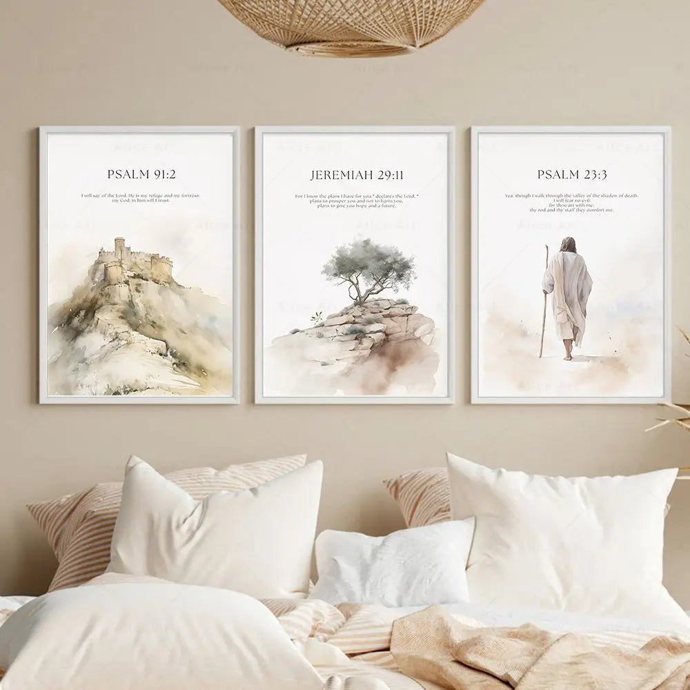 affiche cadre bois verset biblique jesus art mural chrétien paysage abstrait décoration salon