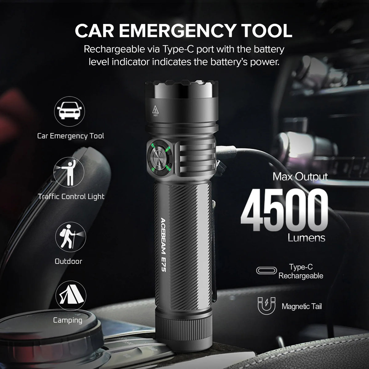 lampe poche rechargeable led noire 30w intense stroboscope auto défense texturée moderne