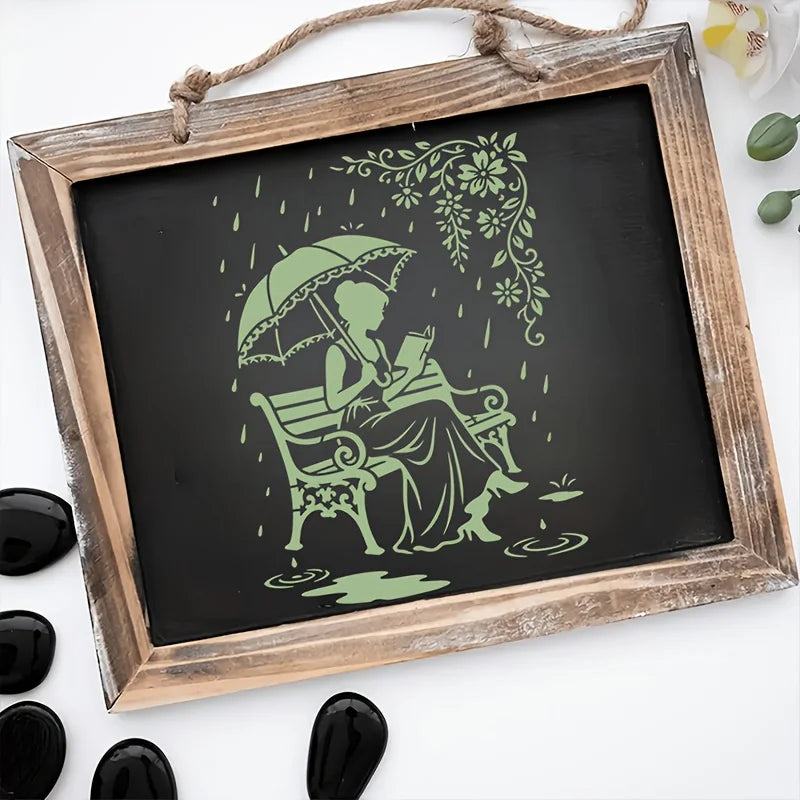 stencil diy illustration femme parapluie fleurs gouttes pluie coloriage peinture murale scrapbooking