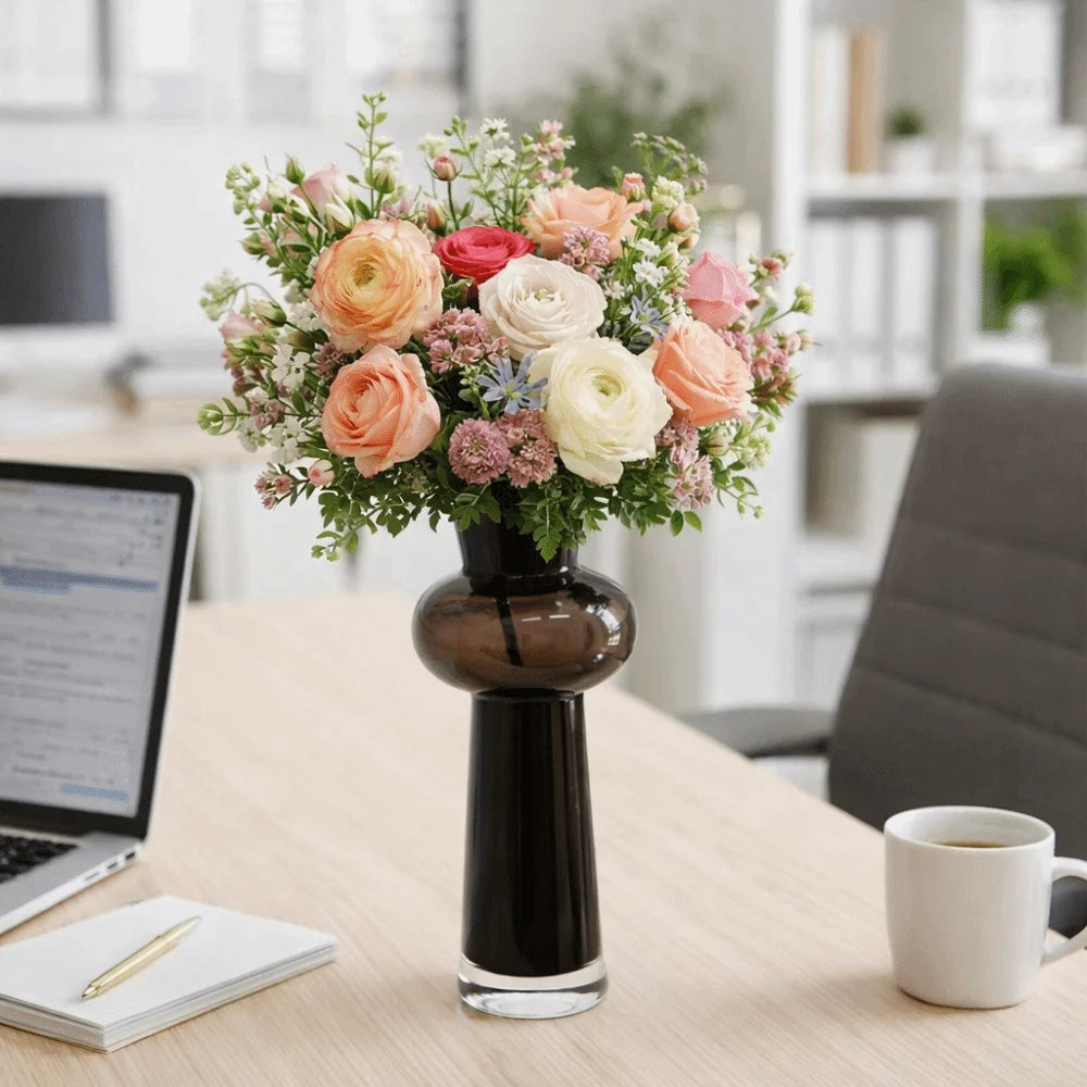 vase transparent moderne vert rose noir fleurs artificielles grande taille