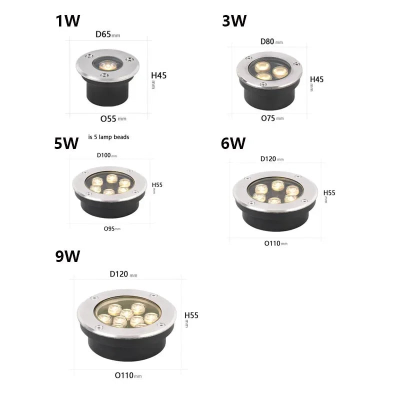 éclairage led souterrain ip67 argent noir moderne 220v 12v 24v encastré extérieur chemin