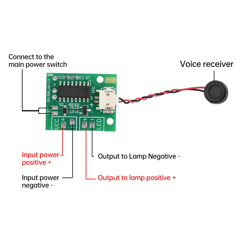 module commande vocale basse tension vert circuit imprimé microphone connecteur led protection inversion polarité