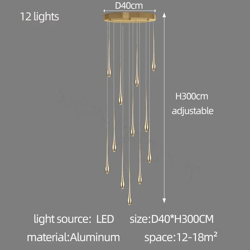 Suspension moderne dorée gouttes pluie opaques lumière chaude lumière blanche 90 260V