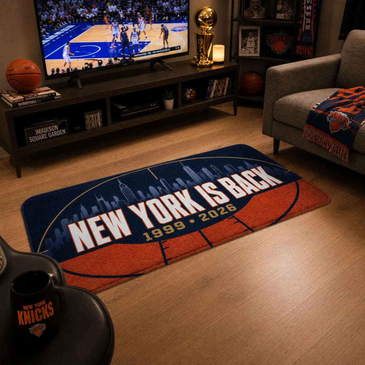 tapis polyester antidérapant basket ball york moderne bleu foncé orange salon salle sport entree