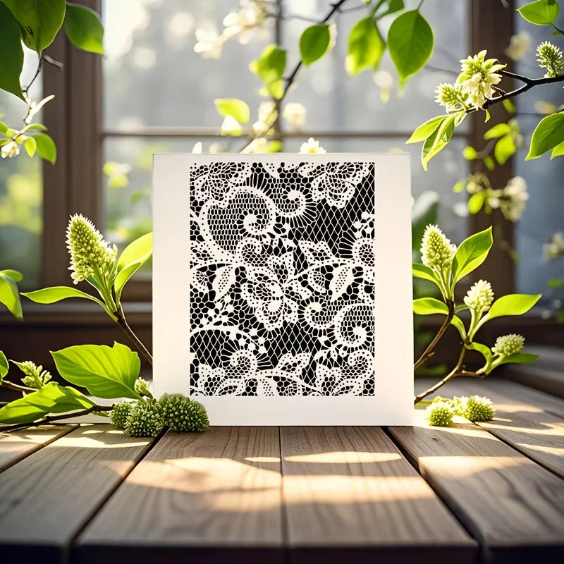 pochoir floral découpé artisanal blanc décoration papier bois meubles tissu 25cm 10cm