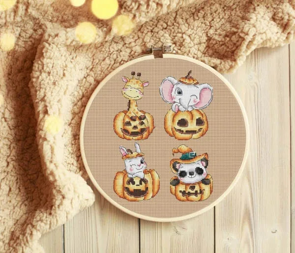 kit broderie point croix animaux mignons citrouilles coton fils guide livre illustration