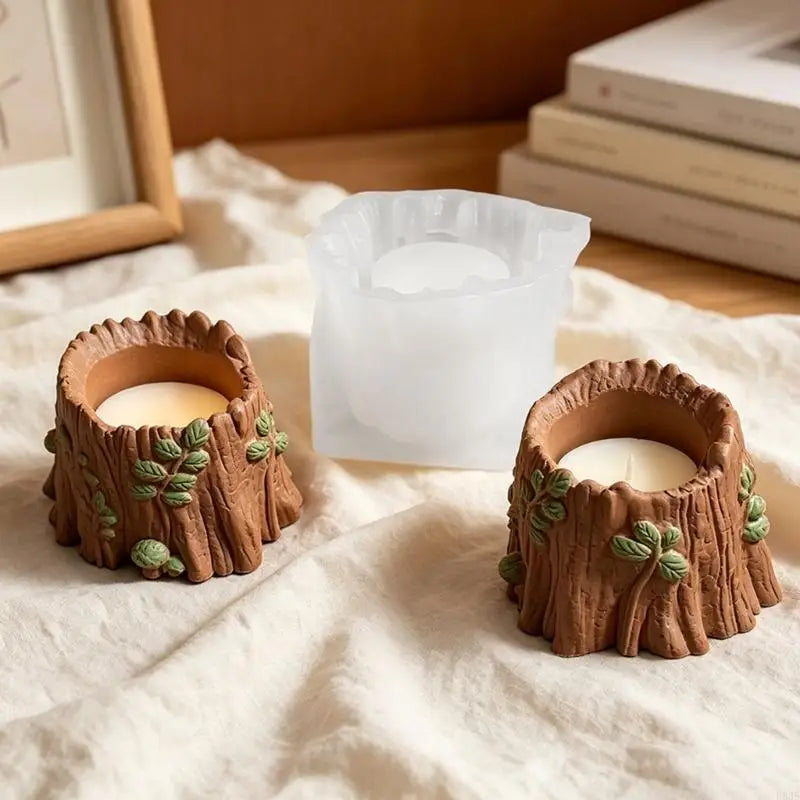 moule silicone bougie forme tronc arbre bougie marron feuilles verte écorce texture rustique nature