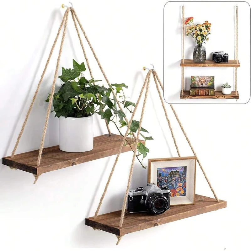 étagère suspendue bois naturel claire corde beige minimaliste rustique plantes bougies