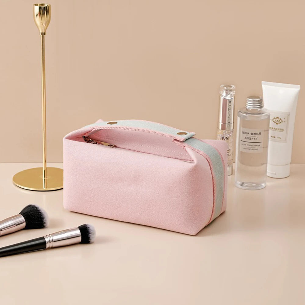 sac cosmétique toile rose clair blanc orange pliable multi usages modernes tridimensionnel porte poignée