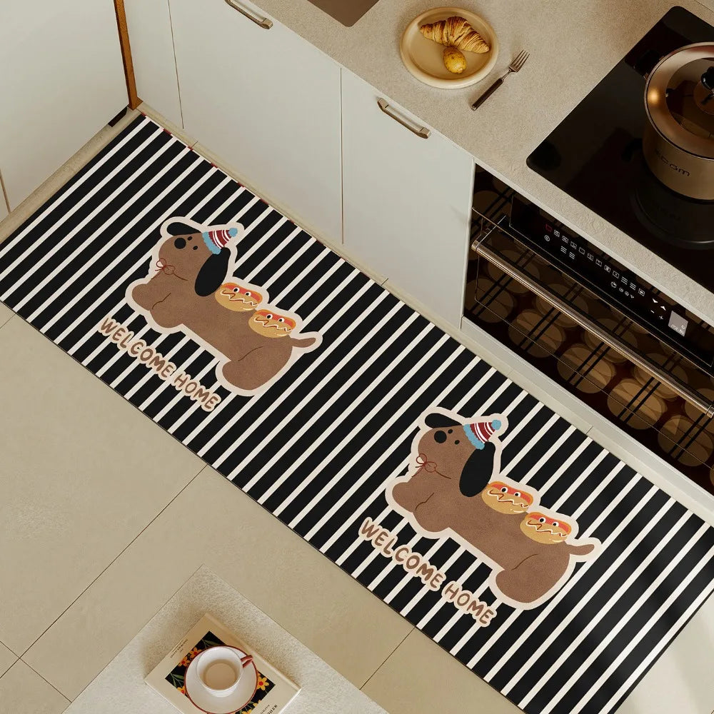 tapis sol moderne rectangle rayures chiots bienvenue maison rouge blanc noir