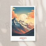 Un paysage montagneux pittoresque aux couleurs chaudes et vibrantes, surplombé par une lune éclatante, évoquant la beauté et la majesté des Andes au Chili.