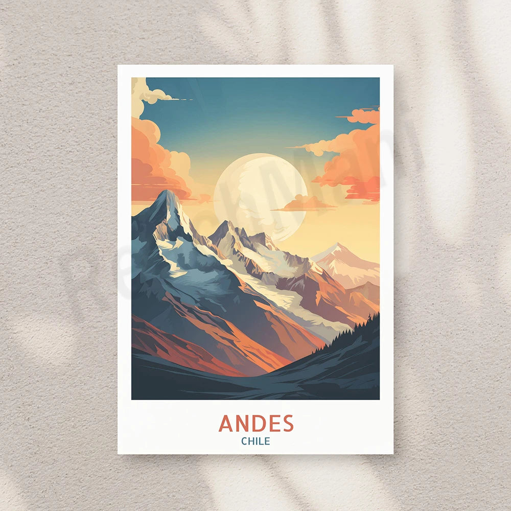 Un paysage montagneux pittoresque aux couleurs chaudes et vibrantes, surplombé par une lune éclatante, évoquant la beauté et la majesté des Andes au Chili.