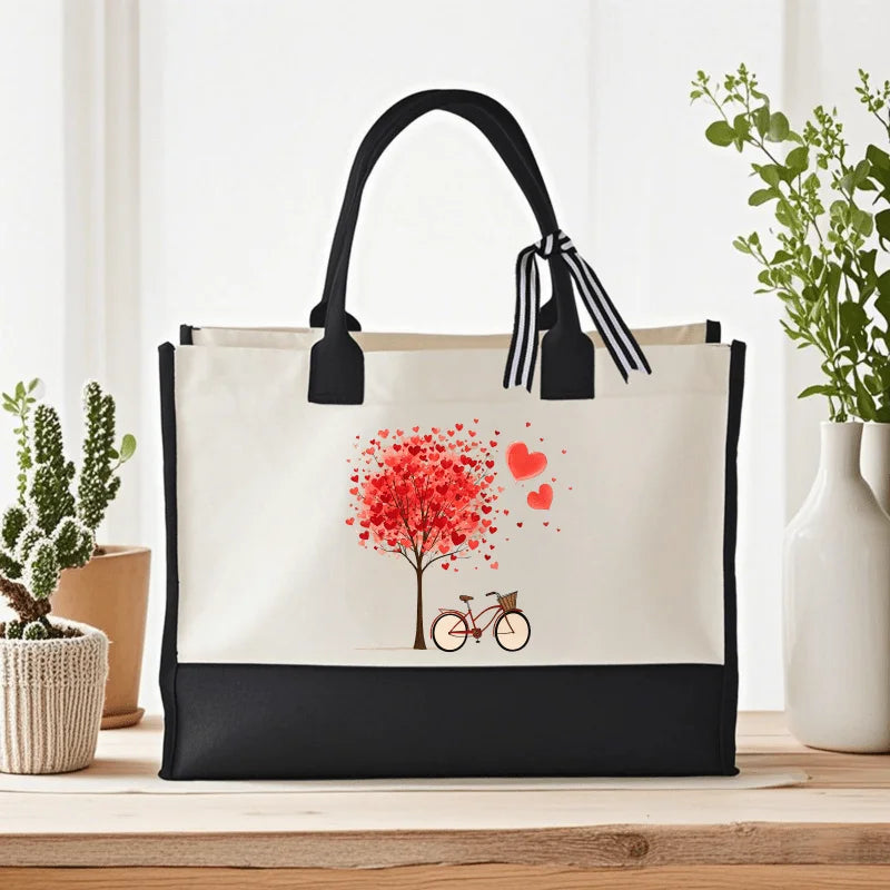sac main toile beige noir arbre coeurs vélo moderne respectueux environnement poignées détachables fermeture