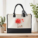 sac main toile beige noir arbre coeurs vélo moderne respectueux environnement poignées détachables fermeture
