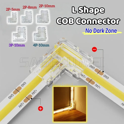 connecteur led cob angle droit forme transparent sans soudure broches dorées bande lumineuse