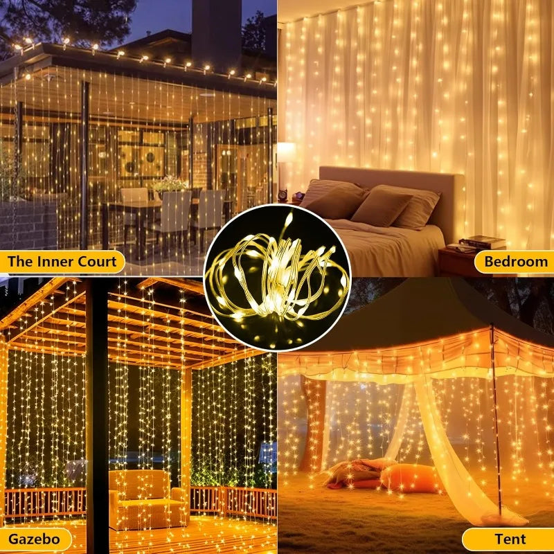 rideau lumineux led blanc chaud 300 leds 3x3m ip65 moderne panneau solaire télécommande adaptateur