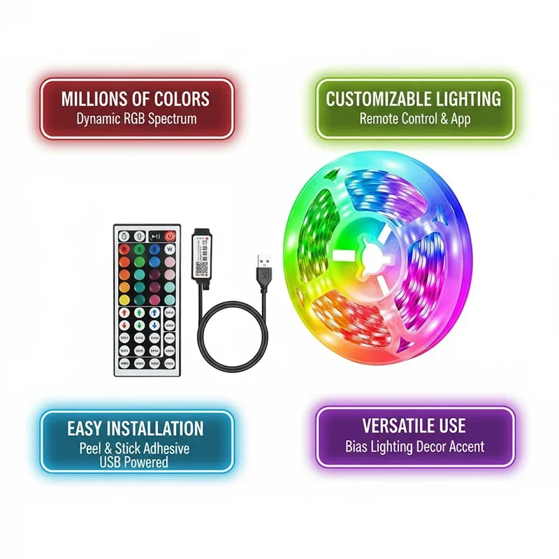 ruban led multicolore 5v adhésif moderne télécommande synchronisation musicale 18led 20m