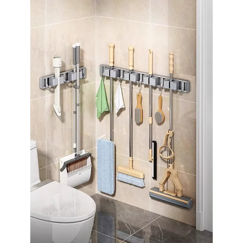 porte balai support mural rangement nettoyage moderne gris beige blanc brosse balais gant toilette
