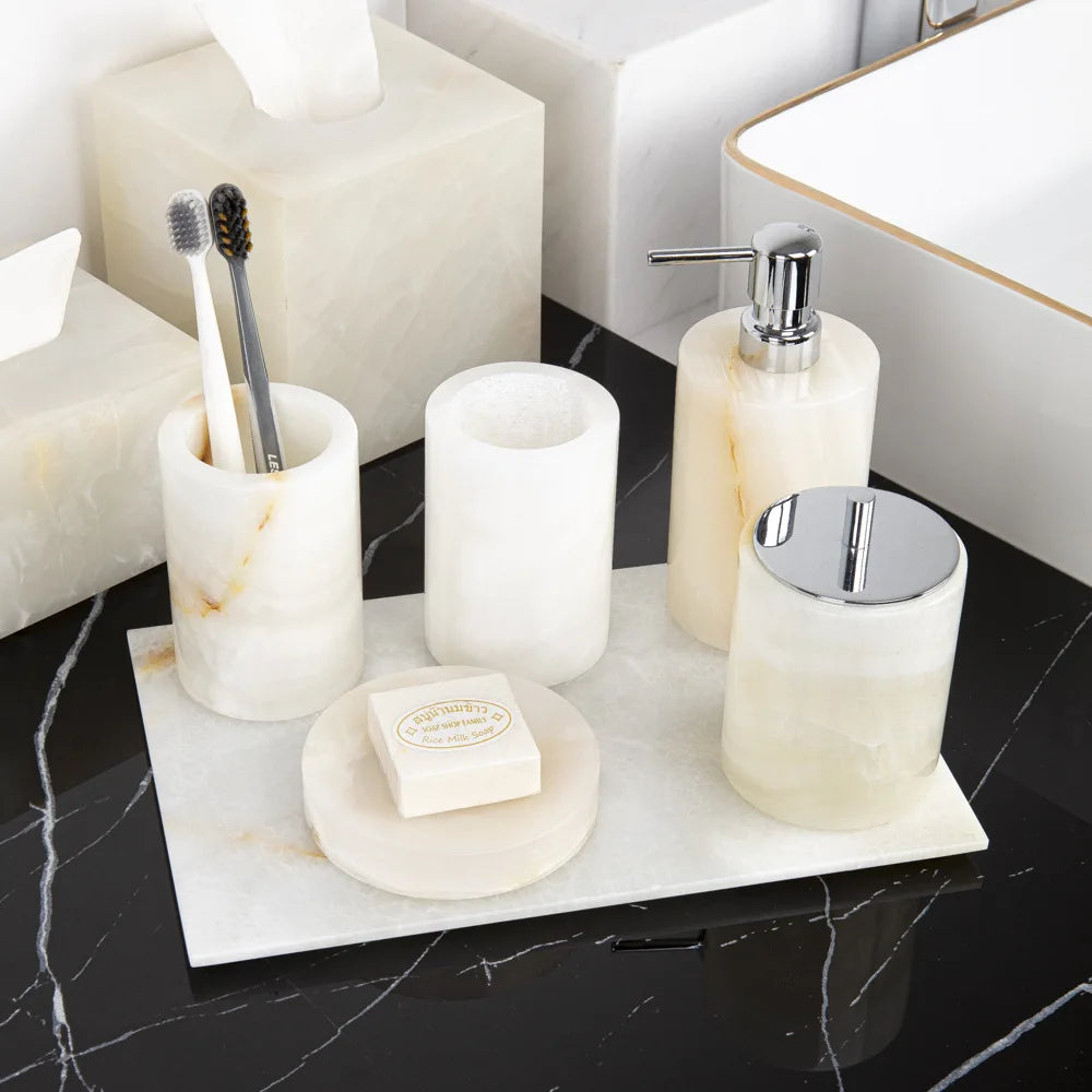 ensemble salle bain marbre onyx blanc distributeur savon porte brosse dents plateau luxe
