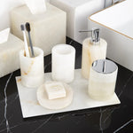 ensemble salle bain marbre onyx blanc distributeur savon porte brosse dents plateau luxe