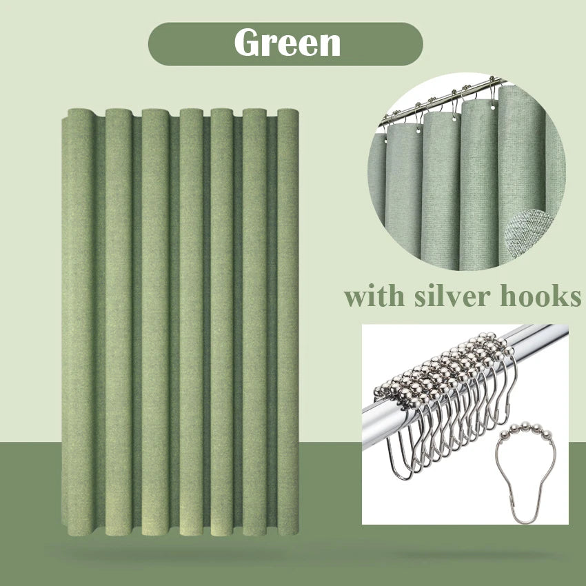 rideau douche moderne texturé beige vert olive imperméable crochets métalliques silver 120x180cm