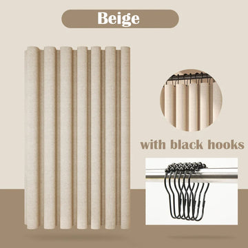 rideau douche moderne faux lin texturé beige clair gris foncé ajustable anneaux métalliques machine
