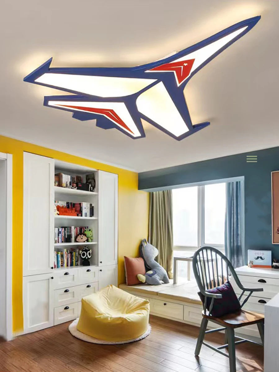 lampe avion enfant bleu blanc rouge détails télécommande moderne éclairage quotidien contemporain