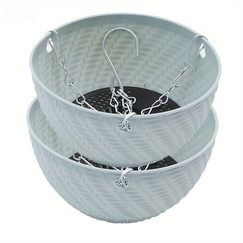 cache pots suspendus moderne rayures diagonales blanc rose vert violet opaques chaînes métalliques balcon